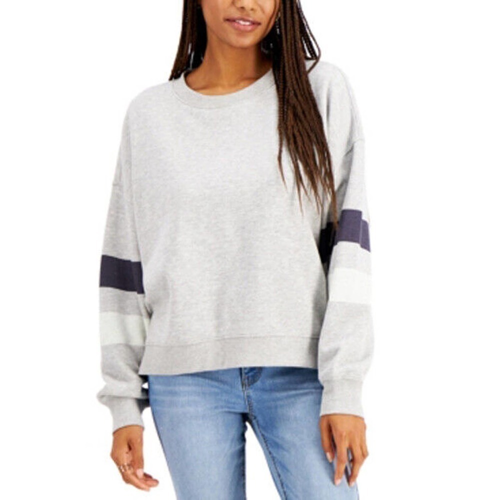 JR462 Hippie Rose Gray Juniors' Striped-Sleeve Sweatshirt Size L
